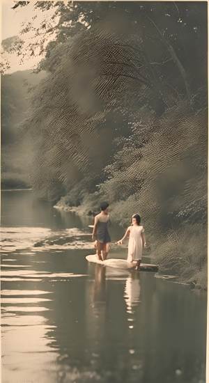 夏天，在90年代的嫩江河畔，爸爸领着7岁的女儿在江边学习游泳。江里有情侣在拥抱，有年轻人在戏水。