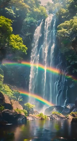 瀑布水流倾泻而下，溪水涟漪荡漾，彩虹若隐若现