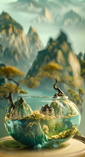 迷你景观，中国景观，玻璃中，山的3D立体效果，蓝绿色配色方案，金线，自然光，全景构图，模湖前景