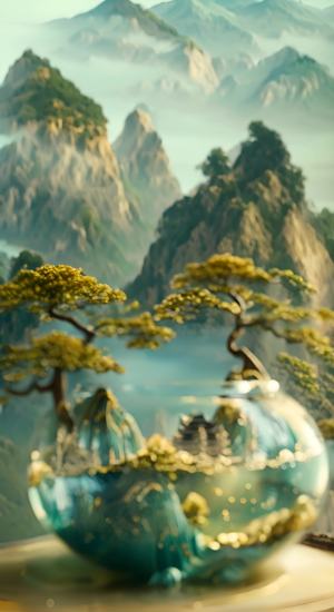 迷你景观，中国景观，玻璃中，山的3D立体效果，蓝绿色配色方案，金线，自然光，全景构图，模湖前景