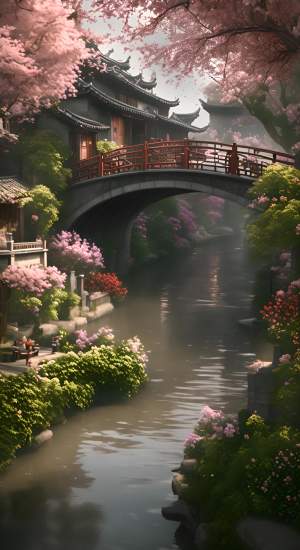江南小镇，下着雨，周围开满了花，花朵随风飘扬，边上一个小桥，桥下有艘小船缓缓行驶过来