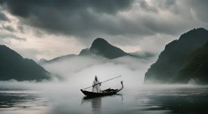 白衣飘飘诗仙李白，乘舟，划船，过万重山，云雾飘绕，意境深远