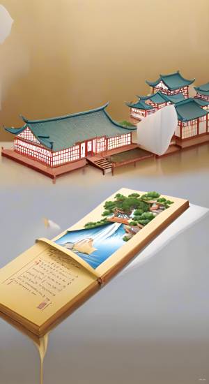 该图片描绘了一幅富有诗意的亚洲风格景观。画面上是一座传统东方建筑，可能为一座宝塔或寺庙，屋顶为蓝色，建筑物本身为白色，坐落在山丘上。这座建筑的侧面是一幅瀑布和桥的美丽图画，这幅图画也被巧妙地描绘在一本打开的书籍上。nn这本打开的书放在一个木制平台上，书页上展示着同样的瀑布和桥的场景，文字出现在书页的左侧，很可能是与所描绘的风景有关的诗句或描述。整个构图创造了一种虚幻感，因为书籍似乎将现实中的建筑与绘画中的景色连接起来。nn该图像融合了现实主义和艺术表现手法，强调了传统亚洲建筑的美丽以及文学与视觉艺术之间的联系。总体而言，这幅图像传达出一种宁静、艺术和对大自然及文化遗产的欣赏之情。