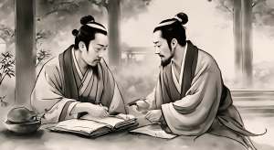 李白和杜甫，在饮酒作诗，风格为中国水墨画风格