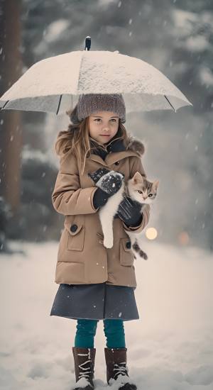 下雪天，白雪纷纷下落，一个穿着厚袄裙的小女孩帮小猫咪撑伞遮雪。