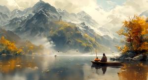 钓鱼翁坐在船上，钓鱼小船缓缓行驶在湖泊上，天上白云飘动，飞鸟飞过。