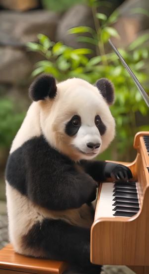 熊猫坐在钢琴前。弹差钢琴