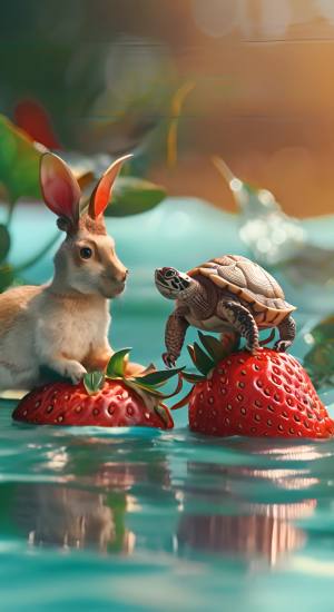 河水流速很快，兔子和乌龟在草莓上不断晃动