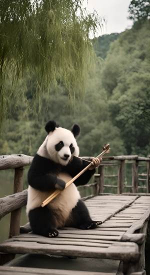 一只熊猫坐在石板桥上拉二胡
