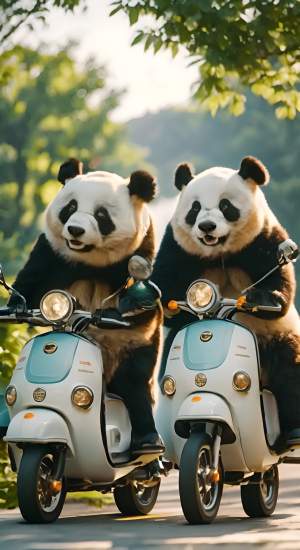 熊猫骑着电动车在大街上行走