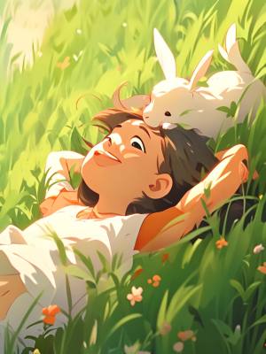 宫崎骏漫画风格，被风思念的夏天，一个小女孩，躺在草地上，微风吹过头发，青青的草地，一个可爱的小兔子在蹦蹦跳跳，