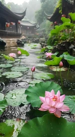 幽静细雨荷塘圆明园