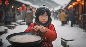 一个卖火锅的小女孩趴坐在大雪纷飞的花椒中不能起来