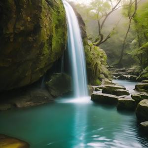 小瀑布淼淼流水，下面池水碧波荡漾，有微风吹拂感