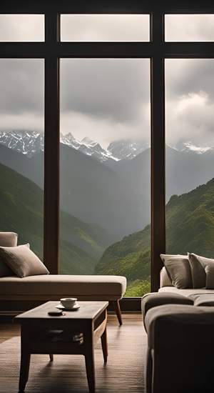 室内看雨的宁静时光 沙发桌子茶与窗外山景