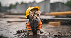 一只小猫咪穿着工地服装戴安全帽在下雨的工地上干