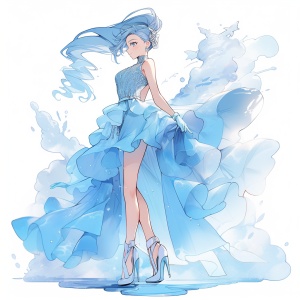 少女，蓝发高马尾，天蓝色礼裙，高跟鞋，优雅