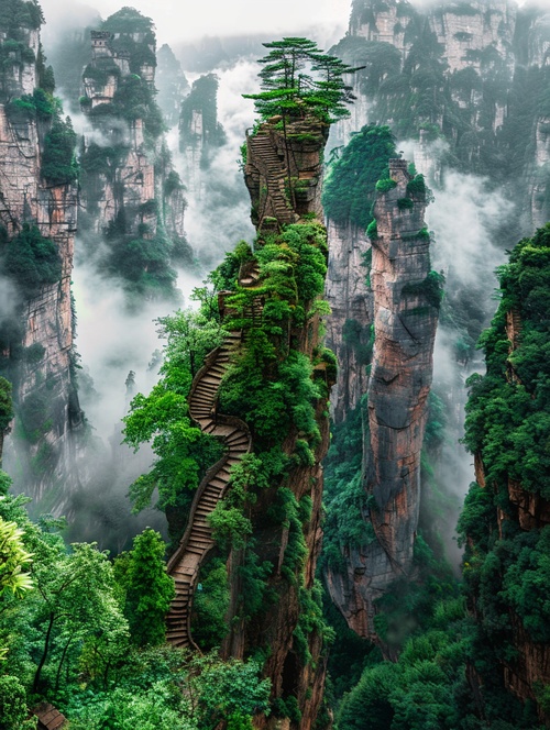 A huge rock pillar is covered with green moss, and the stone wall has stairs carved onto it. The river flows through the canyon, surrounded by lush vegetation, forming an ancient forest of emerald greens. In front of them stand tall cliffs, with steep rocks reaching into clouds, creating a spectacular scenery. It's like being in another world, with high definition photography capturing the scene in the style of ancient Chinese landscape artists.