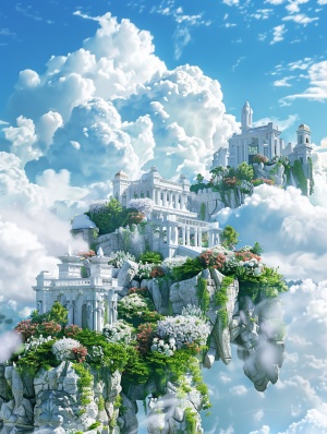 天空之城【作品名】天空之城【创作思路】蓝天白云上的花园是什么样的呢，大概是干净清新，又自然洒脱吧【关键咒语】1️⃣场景：古代建筑，园林，云朵，花，天空2️⃣描述词：白色和蓝色，大场景，立体，3D，C4D渲染，生物发光学，刘海粟3️⃣附加词：16K，高清，极简，真实的拍摄效果