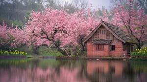 池塘边上，一栋砖木结构的房屋，房屋边上有一片桃树木林，开满桃花，超高清画面