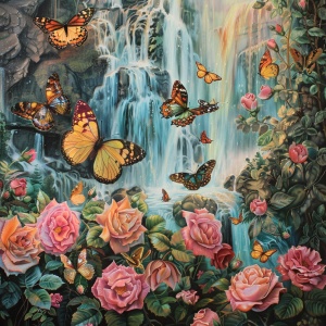 蝴蝶在玫瑰花上，在仙境，有瀑布