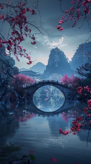 梦幻天空下的夜晚，宽阔的湖上有一座隐隐约约的桥，桥两岸开满了红艳艳的彼岸花