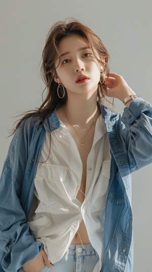 a woman in a white shirt and blue jacket posing for a picture, korean women's fashion model, casual clothing style, wearing elegant casual clothes, modern casual clothing, casual modern clothing, casual clothing, bae suzy, casual clothes, wearing casual clothes, wearing casual clothing, detailed image, jinyoung shin, photo 85mm, photo of slim girl model, photoshoot