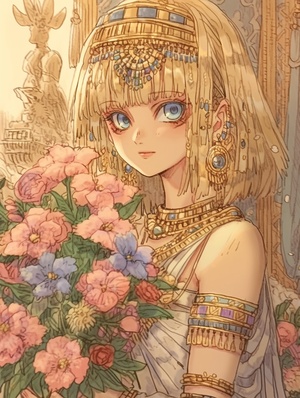 A blonde cute girl with big eyes in an Egyptian dress holding flowers in the style of gatherings of ancient Egypt, vintage anime style, 90s manga, 8 colors, very detailed, drawn in the style of colored pencil. ar 27:40