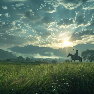 绿色草原，骑马，现代男人，微胖，日出，祥云，贵气，爱情