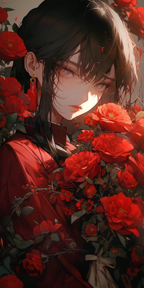 满是盛开红玫瑰，一位女孩，站在那里，哭泣，20岁的样子，脸上有血亦