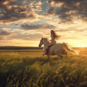 日出之时，草原上翠绿的草地上，一位美丽的少女骑着一匹骏马疾驰而过。她的马儿矫健有力，犹如草原上的精灵，载着少女穿越在翠绿的草原上。太阳升起，照耀着这片美丽的草原，少女和她的马儿在晨光中显得格外美丽。在草地上空，祥云缭绕，仿佛是草原的守护神。贵族的家族传说在这片草原上流传着，他们与这片草原有着千丝万缕的联系。少女是贵族家族的后代，她骑着马儿，驰骋在这片美丽的草原上，充满了对未来的憧憬和热情。这片草原是大自然的馈赠，也是少女心中最美好的梦想。她骑着马儿，迎着日出，向着未来勇往直前。这份热情如同烈火一般，燃烧在她的心中，照亮了她前行的道路。这片绿色草原、这个美丽的少女、这个祥云缭绕的天空，以及那位充满热情的贵族后裔，将永远留在这片大地上，成为一段美丽的传说。