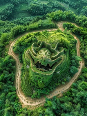 航空摄影中的山丘轮廓,在中国的某个山坡上显示了一座古老的山形如龙,弯曲的道路环绕在绿色植被之中。龙头有尖锐的牙齿和张开的大嘴,额头上还长有两只角。它睁大了眼睛看着你,就像是要从画中出来一样。这幅照片呈现出一种逼真的风景风格。