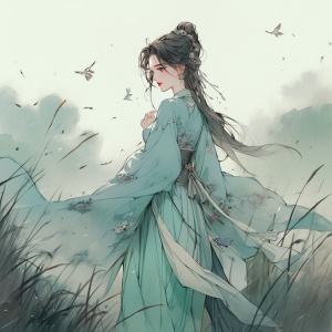 中国古代风格，一个俊美书生气息的女子，山大王，，站着，汉服，站在草地上看着前面，呆住的表情