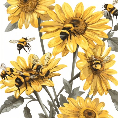 蜜蜂在黄色的雏菊上面 白底 插画风格