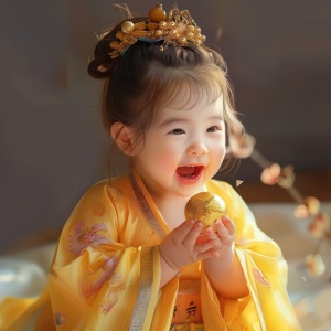 一个可爱的女婴穿着黄色的汉服,开心地笑着,嘴巴张开,手里拿着一个小金球。她的头发扎成了髻式,头上戴着发饰。这是一幅高清摄影风格的逼真肖像画,带有可爱的卡通设计,背景为纯色且细节丰富。