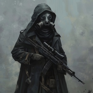 一个带着防毒面具，穿着黑色风衣，拿着突击步枪，男，25岁高，偏瘦，戴着头盔