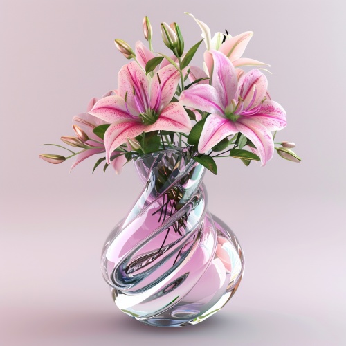 插上花的透明花瓶放在在桌面上，花瓶里面有透明螺旋花茎架，写实，高清