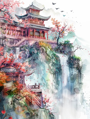 Watercolor painting of ancient Chinese architecture, temple waterfall, realistic fantasy art style, anti-gravity architectural style, majestic, ultra-detailed rendering of mountain scenery, high detail, high definition, illustration, white background, extreme close-up perspective, birds flying in the sky,There are many, many buildings, including palaces, with super high details. In spring, there are peach blossoms, apricot blossoms, and spring flowers. ar 3:4 niji 5#AI插画#AI画图#建筑插画#场景设计#文创设计#绘画学习#每日艺术分享#我和AI