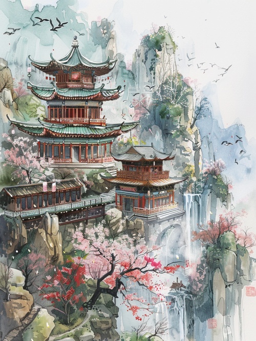 Watercolor painting of ancient Chinese architecture, temple waterfall, realistic fantasy art style, anti-gravity architectural style, majestic, ultra-detailed rendering of mountain scenery, high detail, high definition, illustration, white background, extreme close-up perspective, birds flying in the sky,There are many, many buildings, including palaces, with super high details. In spring, there are peach blossoms, apricot blossoms, and spring flowers. ar 3:4 niji 5#AI插画#AI画图#建筑插画#场景设计#文创设计#绘画学习#每日艺术分享#我和AI