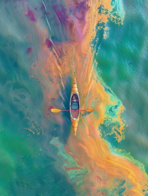 a kayak in the water, in the style of optical color mixing, aerial view, rainbowcore, national geographic photo, 8k resolution, crayon art, interactive artwork#midjourney关键词 #midjourney #Ai绘画 #配色分