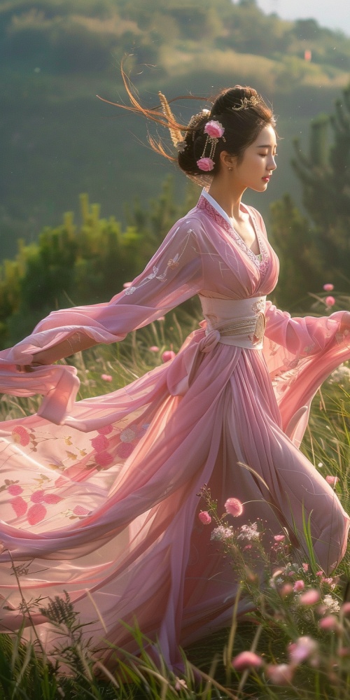 一位古代汉服美女，脸色红润，粉红色汉服长裙，全身显现，在大自然绿色的山水环境下迎风起舞，如同3d大片清晰