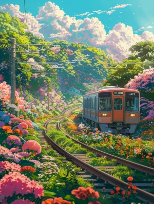 Dreamlike Cartoon Metro Surrounded by Flowers