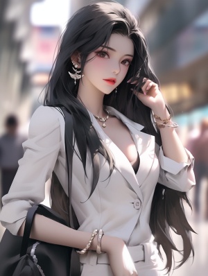 现代中国美女，呆萌可爱，黑色长发，白领职业装，都市背景