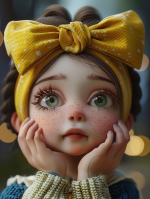 Hands holding the face, frowning baby Snow White, yellow bow, yellow and blue skirt, 8k resolution, realistic and super detailed rendering, cute cartoon design, dreamy portrait, close-up- -s 400- -niji 5