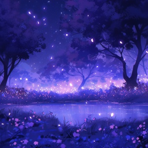 一个美丽的夜景，以浅蓝色和紫色为风格，梦幻般的风景，深紫色和浅蓝色，受动漫启发的背景，8k分辨率, 风景，天空，树，没有人类，云，户外，花瓣，水，星（天空），草，夜，幻想