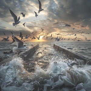 A flock of seagulls flying over the sea, a pier with concrete walls on one side and an evening sky with dark clouds in front of it, a wide view of the scene, the sun setting behind the horizon, the water reflecting light from above, the birds looking for food among various shore particles, a calm ocean under the cloudy sky, a panoramic view capturing the beauty of nature in the style of an impressionist artist.