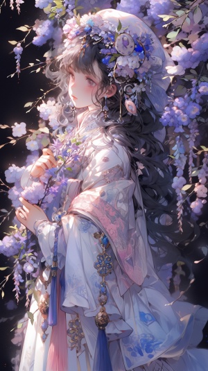 a very beautiful flower dress in the background, in the style of vibrant manga, multi-layered compositions, elaborate costumes, multilayered realism, white and purple, birds & flowers, anime art ar 87:125