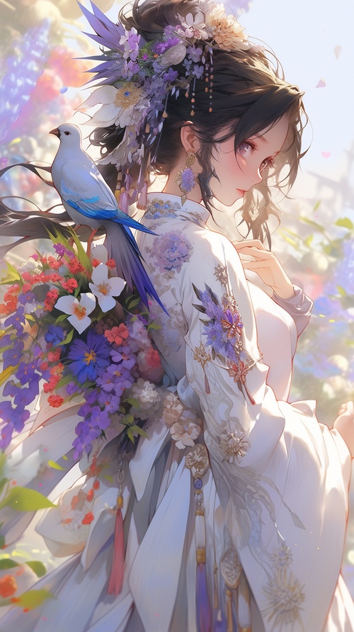 a very beautiful flower dress in the background, in the style of vibrant manga, multi-layered compositions, elaborate costumes, multilayered realism, white and purple, birds & flowers, anime art ar 87:125