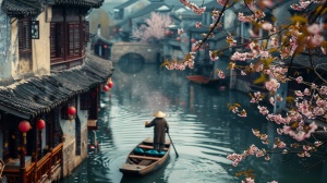 古楼，江水，划船老翁，江水两边的桃花，,真实感