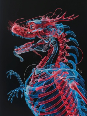拍个X光片 🔑The robot, the head of a Chinese dragon, red and blue，has an extremely delicate and complex mechanica, with illustrations, X-ray perspective, and by Nick Veasey, reflecting the beauty of technology and art，black background ar 3:4 v 6.0#艺术作品 #绘画参考 #灵感设计 #灵感 #iagc #aigc #aigc #艺术